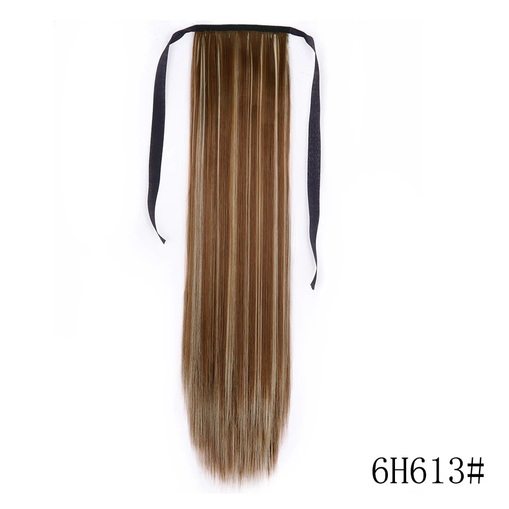 Long straight brown hair extension with black tie and wrap-around clip