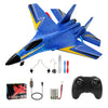 A blue foam SU-27 airplane model with yellow accents, along with a 2.4G remote control and battery.