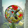 Dekaler med glasfönstermotiv som visar en kolibri och blommor på en rund glasbakgrund