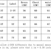 A size chart for a girls' long-sleeve bow dress showing measurements for various ages and sizes.