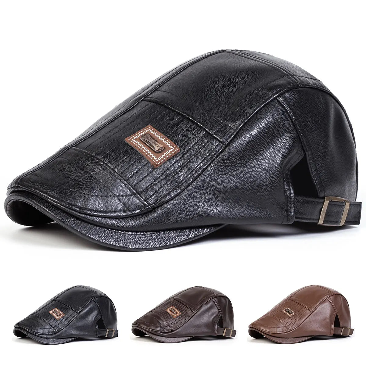 Black men's retro faux leather newsboy cap with a brown square emblem shown from the side.