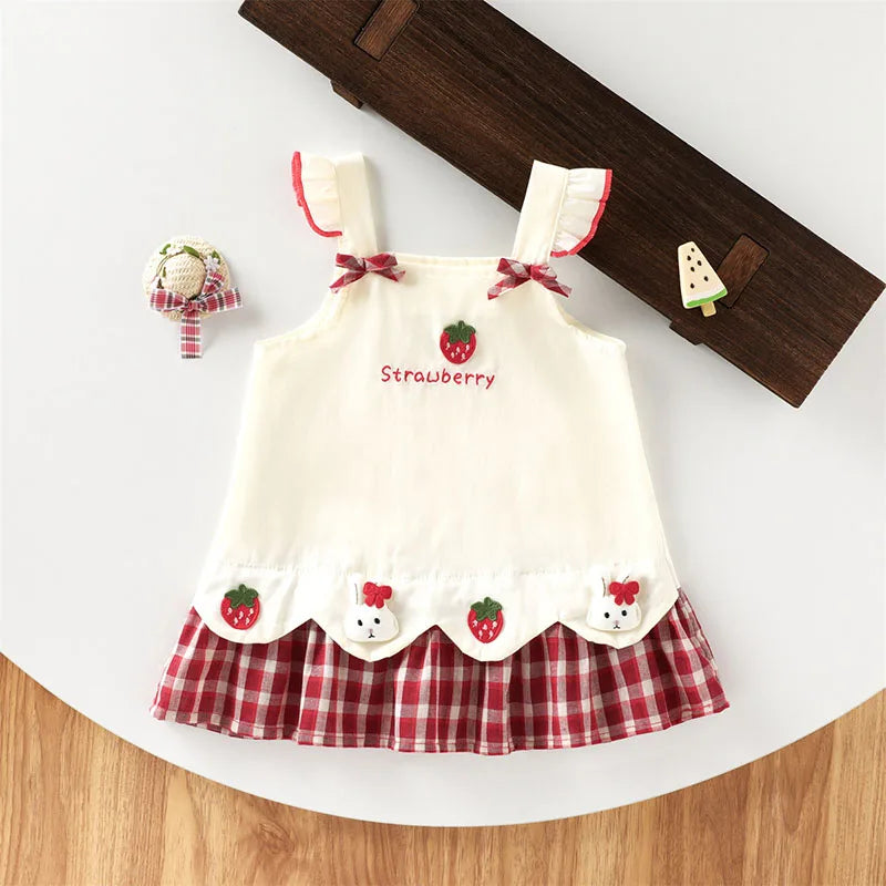 A white kids summer pinafore dress with strawberry and bunny print, featuring red trim and a plaid skirt.