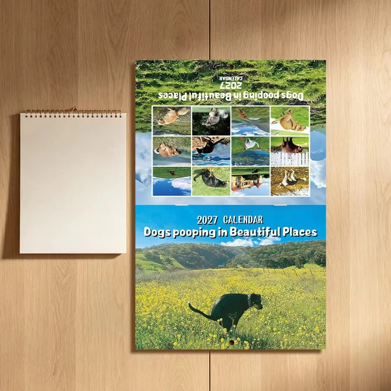 Veggkalender med bilder av hunder som bæsjer på vakre steder, 2027