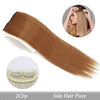 A long, straight, brown hair piece shown with a clip-in band and a model demonstrating the side hair placement.