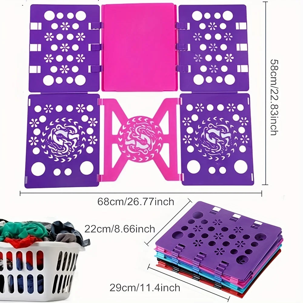 A purple and pink clothes folding board with multiple sections shown alongside a stack of the product.