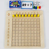 A wooden multiplication board game featuring a grid of numbered tiles and a separate dice set.