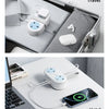 A compact white power strip with two AC outlets and three USB ports is shown in a travel context and plugged into a smartphon