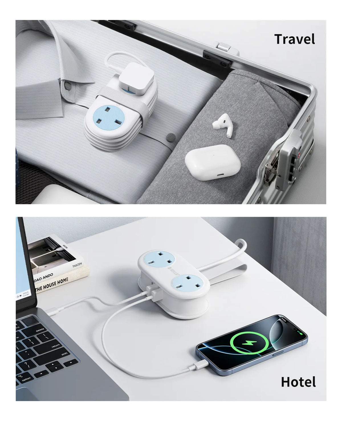 A compact white power strip with two AC outlets and three USB ports is shown in a travel context and plugged into a smartphon