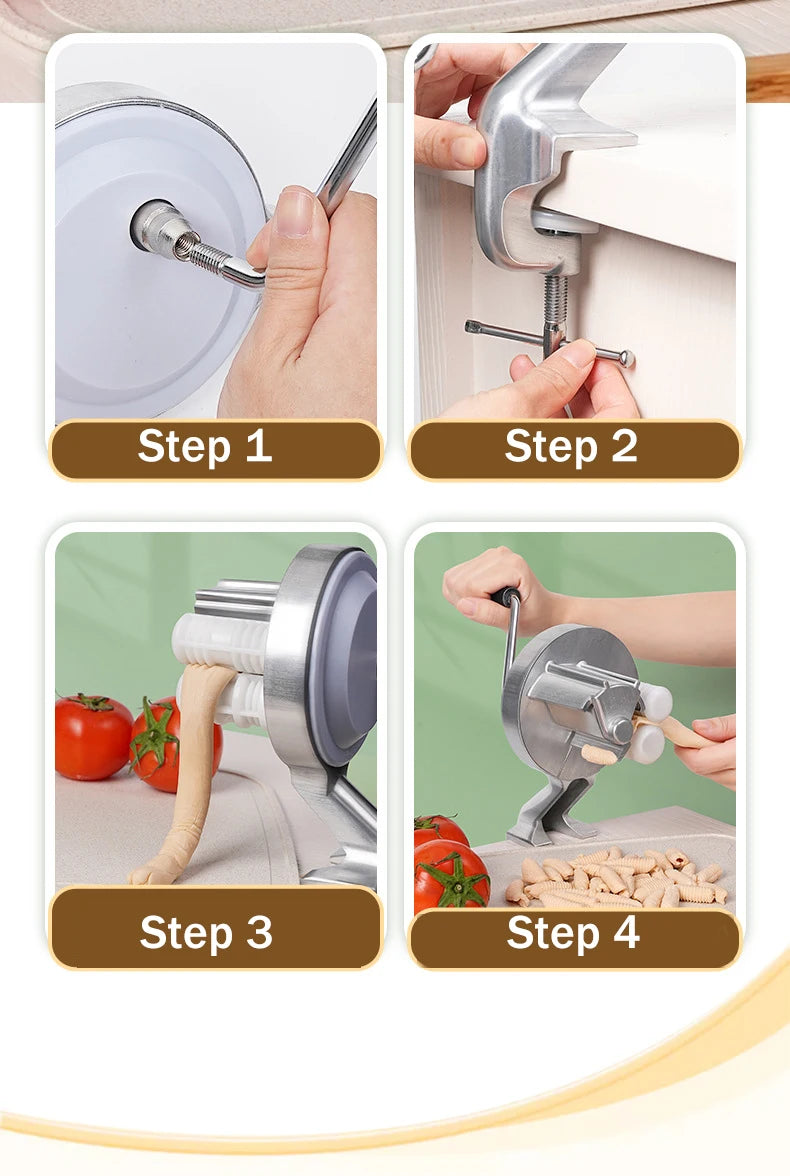 Four steps showing how to use a cavatelli maker machine for homemade pasta