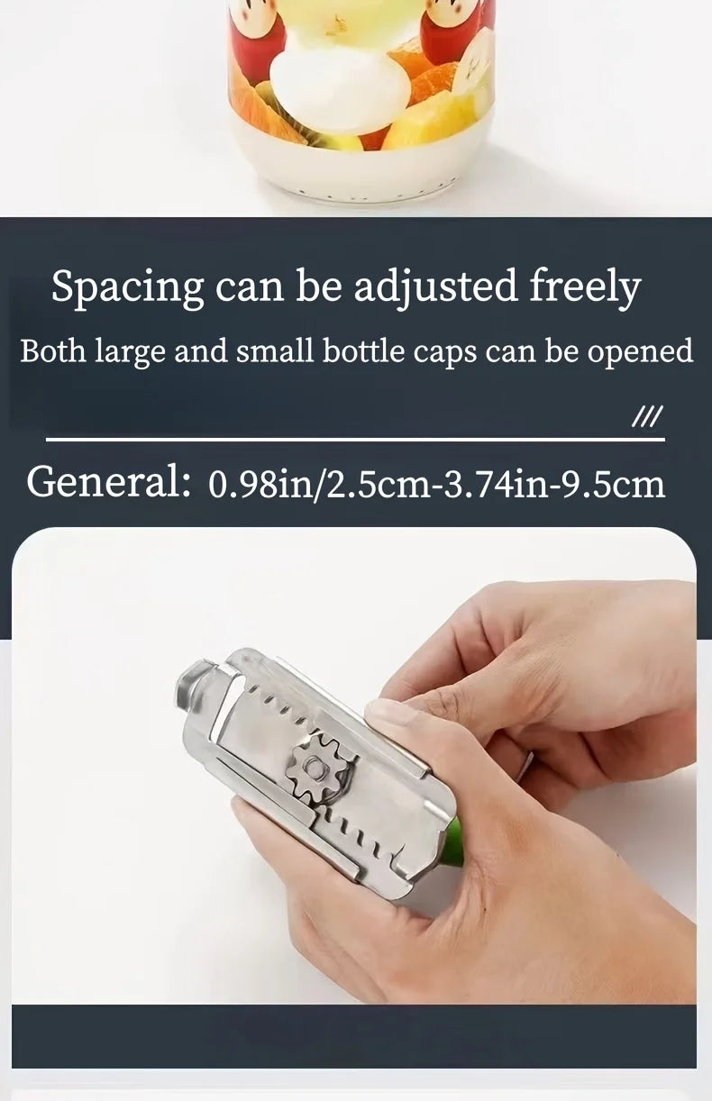 A hand is shown using a stainless steel manual tool to open bottle caps on a jar.