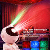 A pink astronaut projector casts a red laser beam with various light modes onto a wall, displaying different galaxy effects.