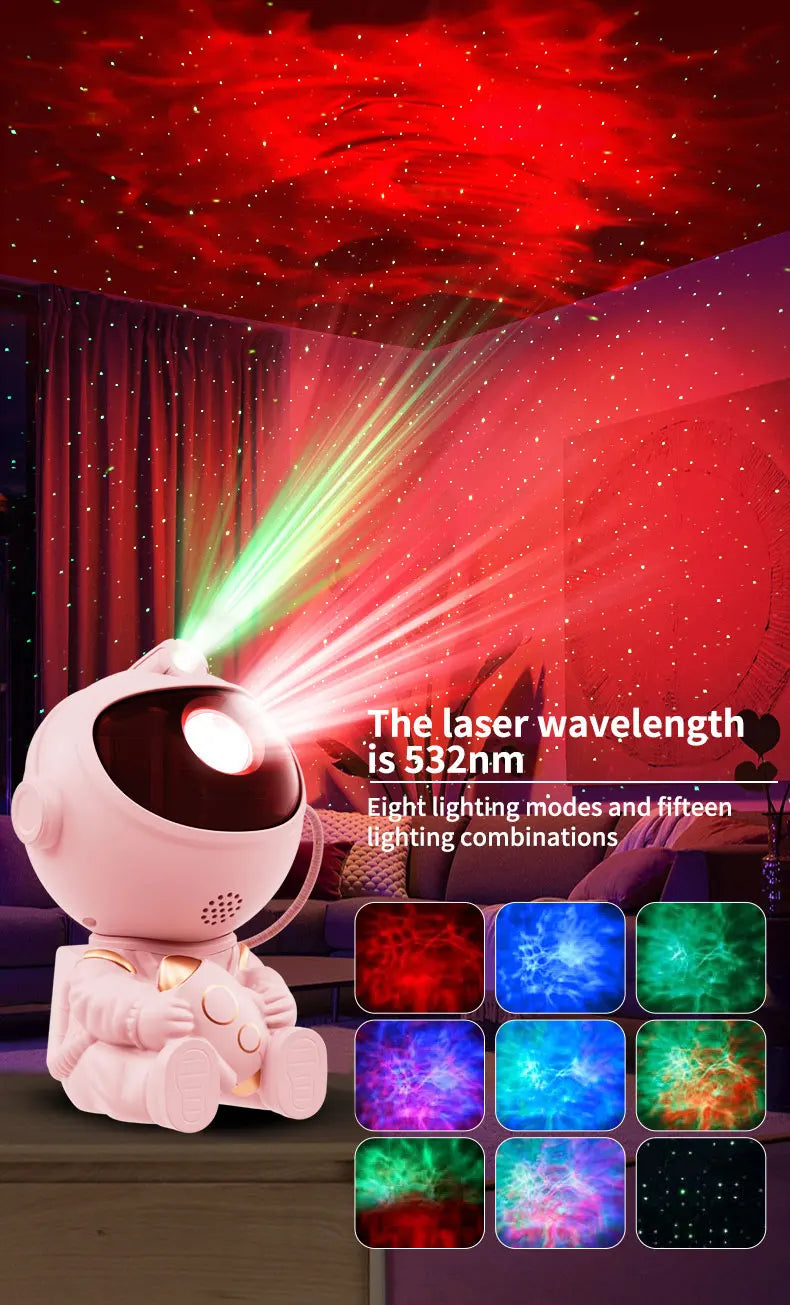 A pink astronaut projector casts a red laser beam with various light modes onto a wall, displaying different galaxy effects.