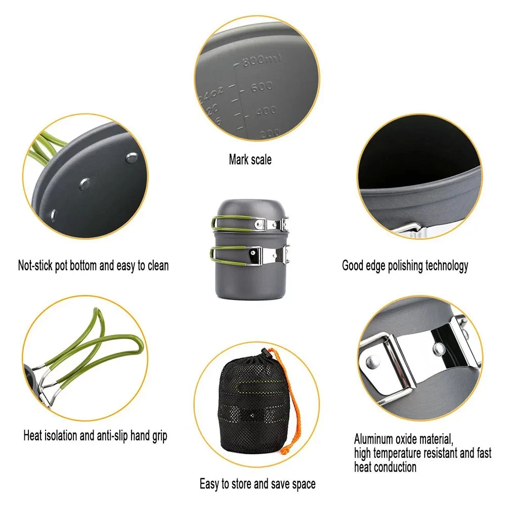 A set of camping cookware including a pot, lid, and accessories designed for outdoor use.