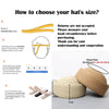A straw sun hat is shown next to a measuring tape, demonstrating how to choose the correct size.