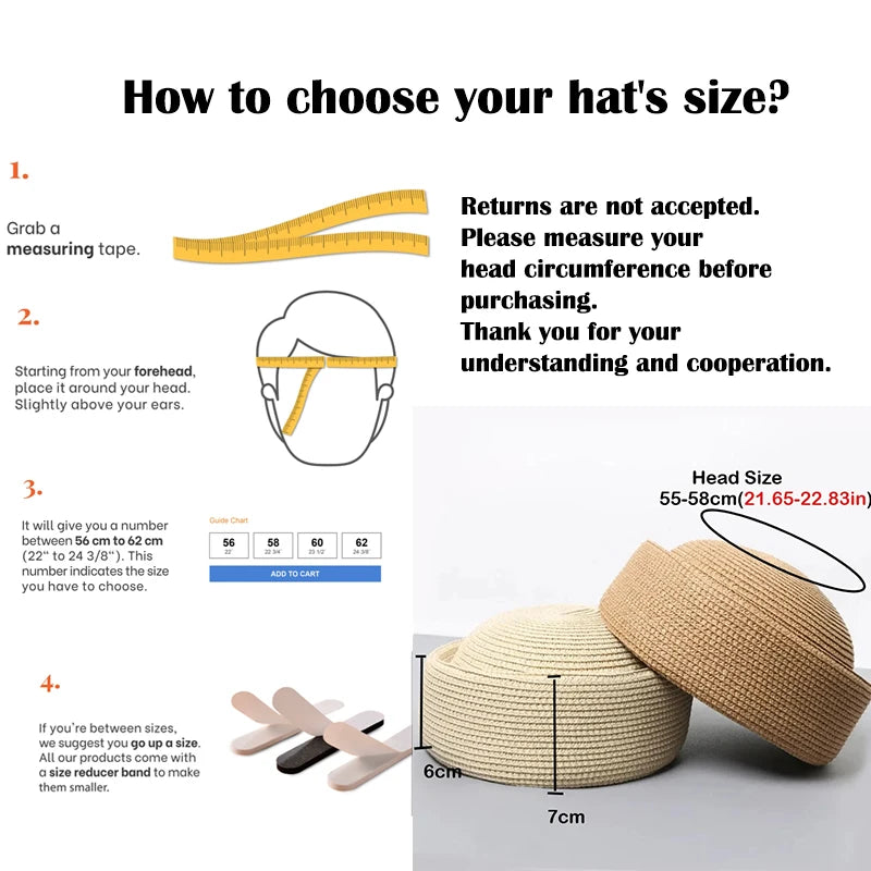 A straw sun hat is shown next to a measuring tape, illustrating how to choose the correct size.