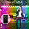 A woman holds a microphone in an outdoor setting where colorful LED lights react to music and sound.