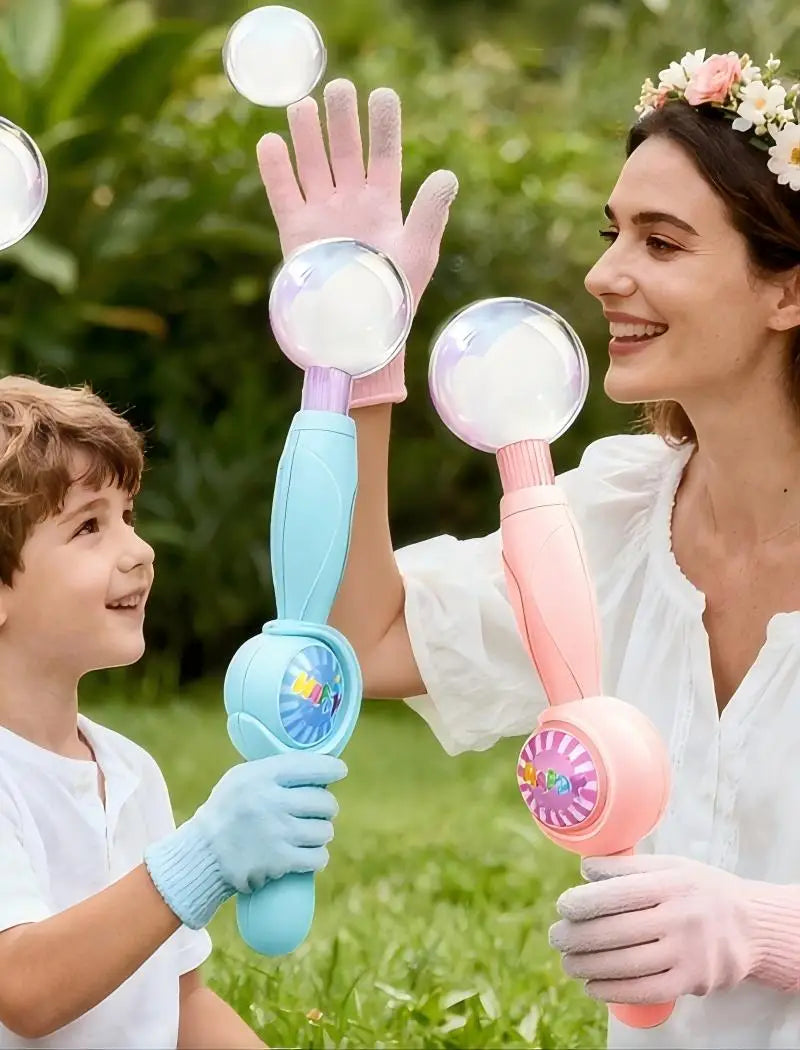 A woman and a boy are playing with a pink smoke bubble wand, showing the device's use.