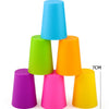 A stack of five brightly colored plastic cups in shades of blue, green, orange, and pink.