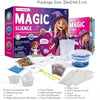 A box of Magic Science experiment kit for kids showing various ingredients and tools like sand, powder, and molds.