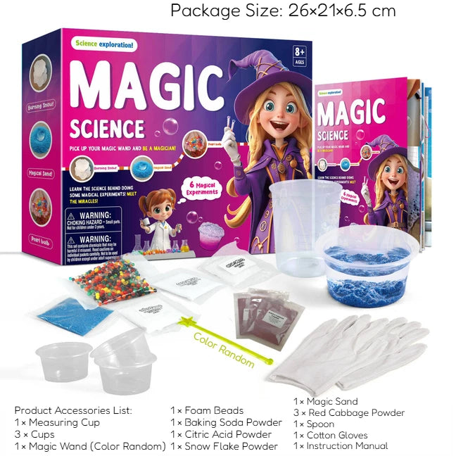 A box of Magic Science experiment kit for kids showing various ingredients and tools like sand, powder, and molds.