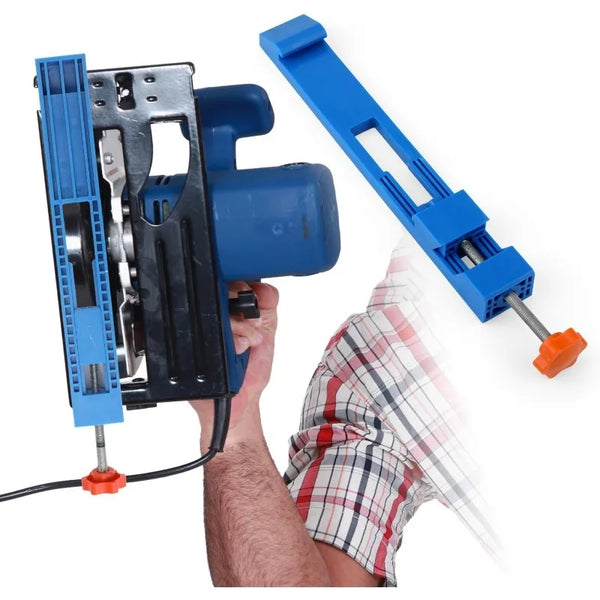 A blue adjustable circular saw guide clamp is shown being used to secure a piece of wood or metal.
