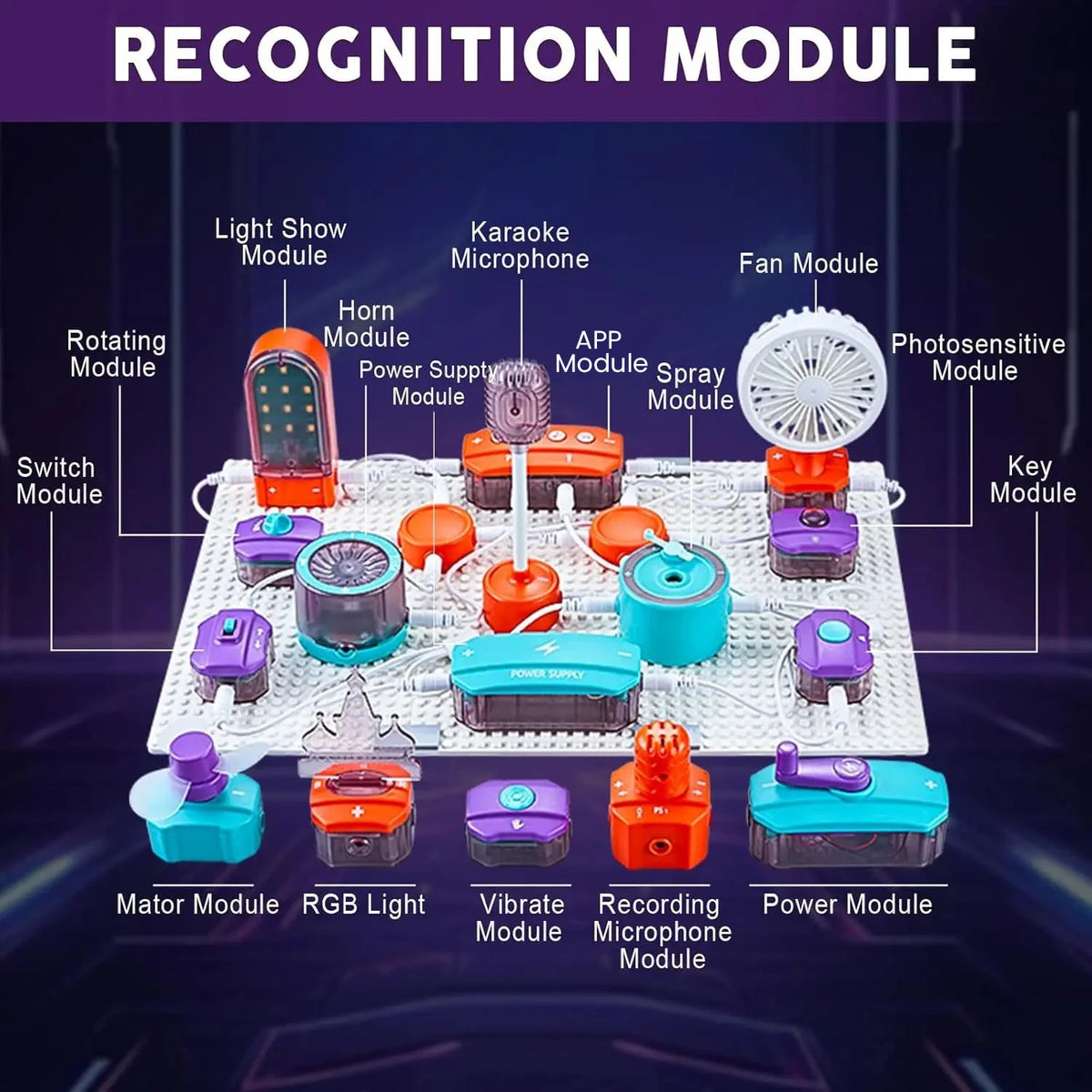 A board featuring various electronic modules including a light show module, microphone, fan, and power supply components.