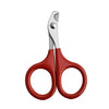 A pair of red and silver stainless steel pet nail clippers with a non-slip grip.