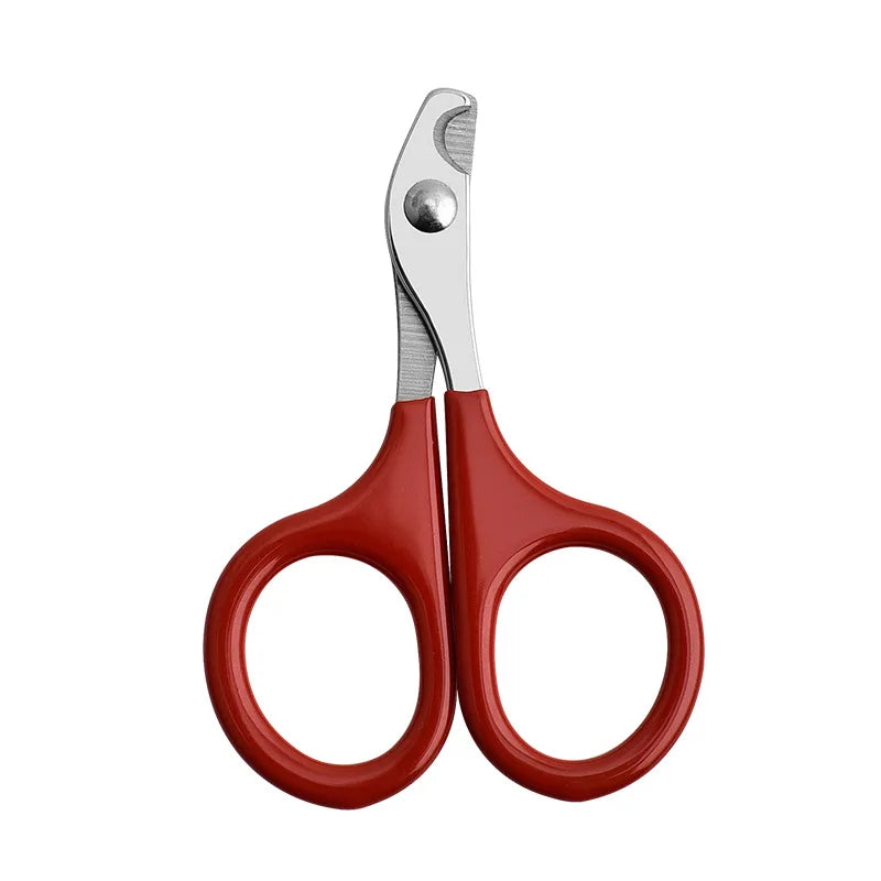 A pair of red and silver stainless steel pet nail clippers with a non-slip grip.