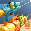 A blue dinosaur water blaster and an orange animal water blaster are shown in a playful water battle setup.