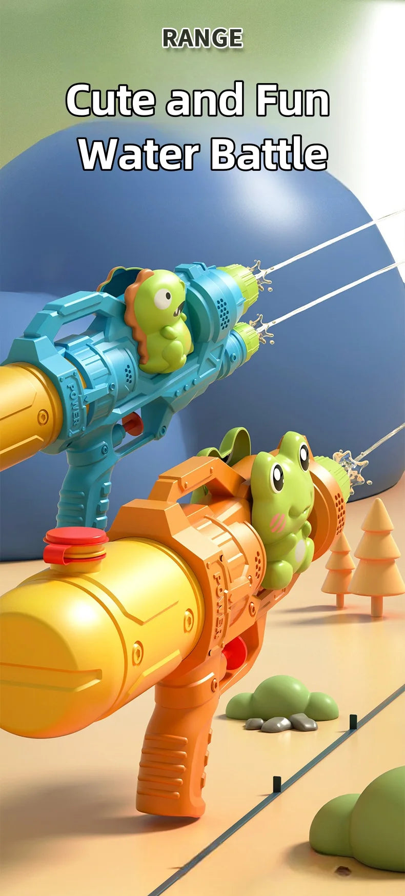 A blue dinosaur water blaster and an orange animal water blaster are shown in a playful water battle setup.