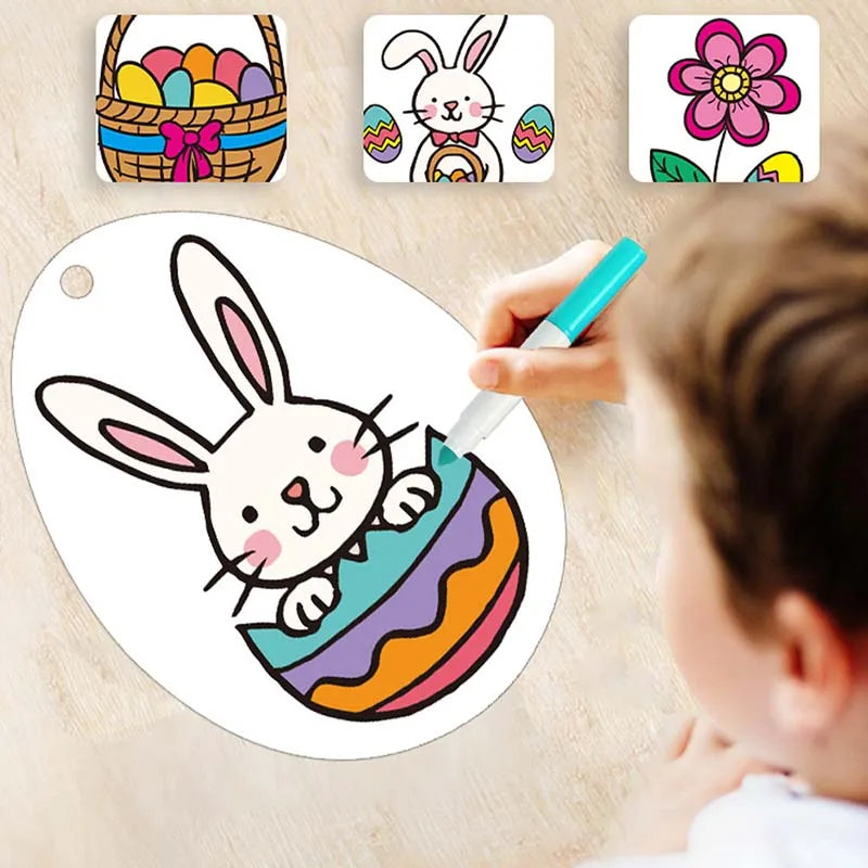 A child is using a marker to draw on an Easter bunny design on a white oval surface surrounded by various egg illustrations.
