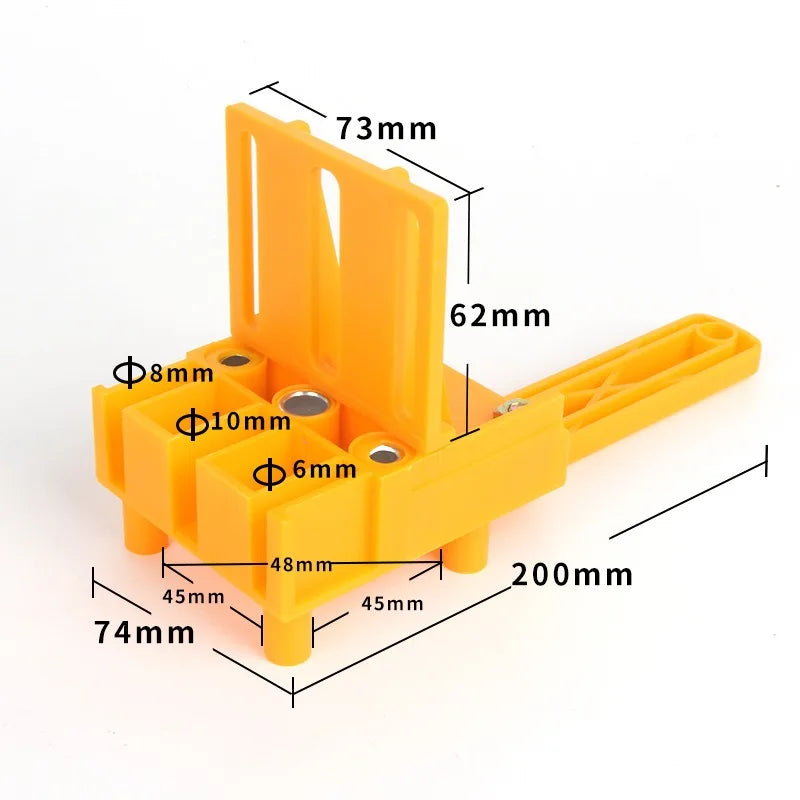 An orange adjustable woodworking dowel drilling guide with various dimension markings.