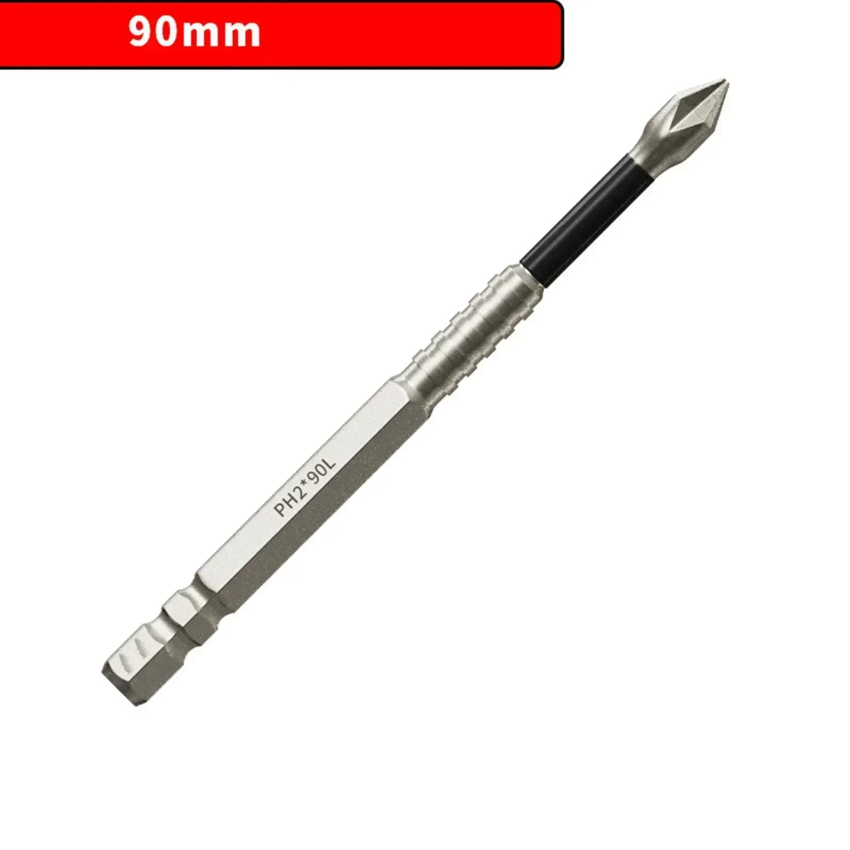 A silver magnetic PH2 screwdriver bit with a black shaft and 90mm length.