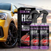 Three bottles of High Protection Quick Coating Spray for cars next to a yellow car.