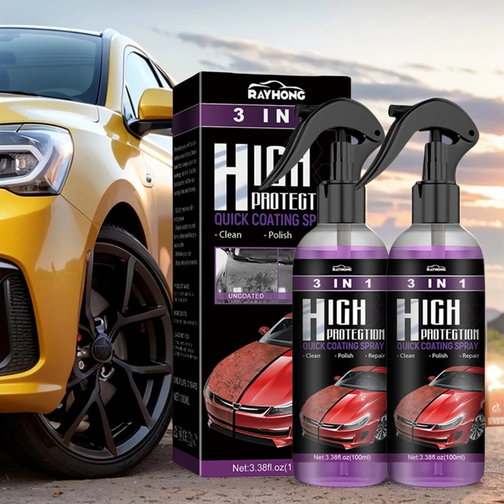 Three bottles of High Protection Quick Coating Spray for cars next to a yellow car.