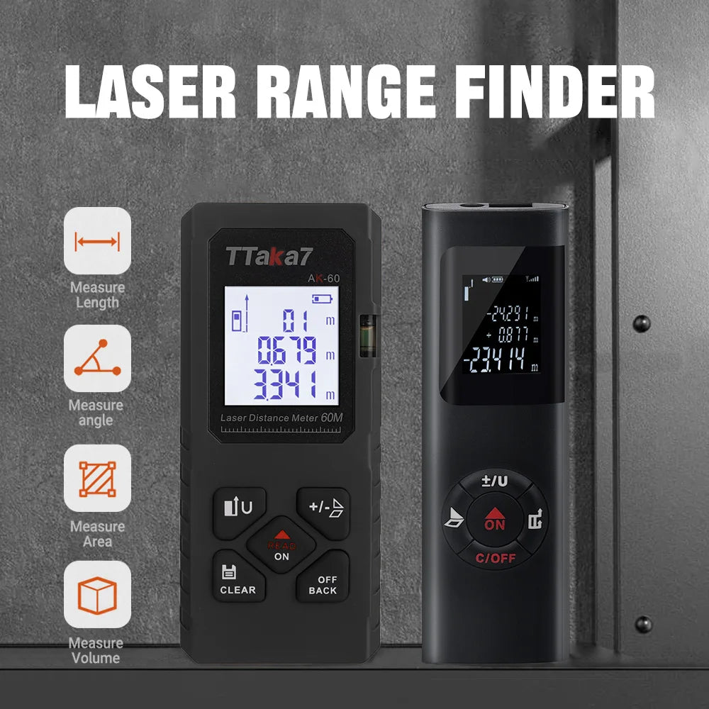 A black Ttaka7 laser range finder device is shown next to its battery and display options.