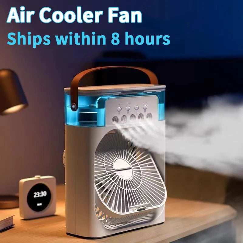 A white personal air cooler fan device is shown on a wooden surface with a soft light emitting from the unit.