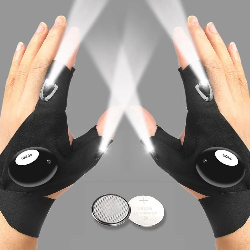 Pair of black LED fingerless gloves with built-in flashlights demonstrating light beams.