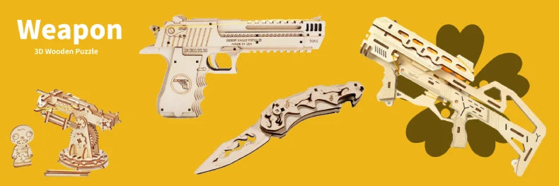En samling av trepuslespillbiter som viser ulike våpen, inkludert pistol, kniv og rifle.