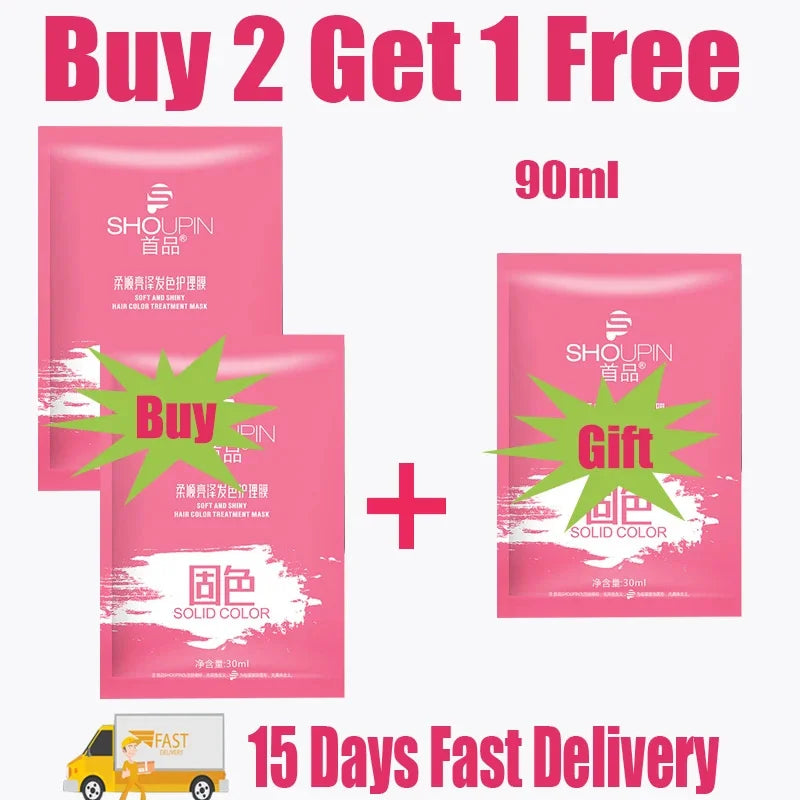 Promotion showing Buy 2 Get 1 Free for a 90ml Solid Color hair treatment mask with 15 days fast delivery.