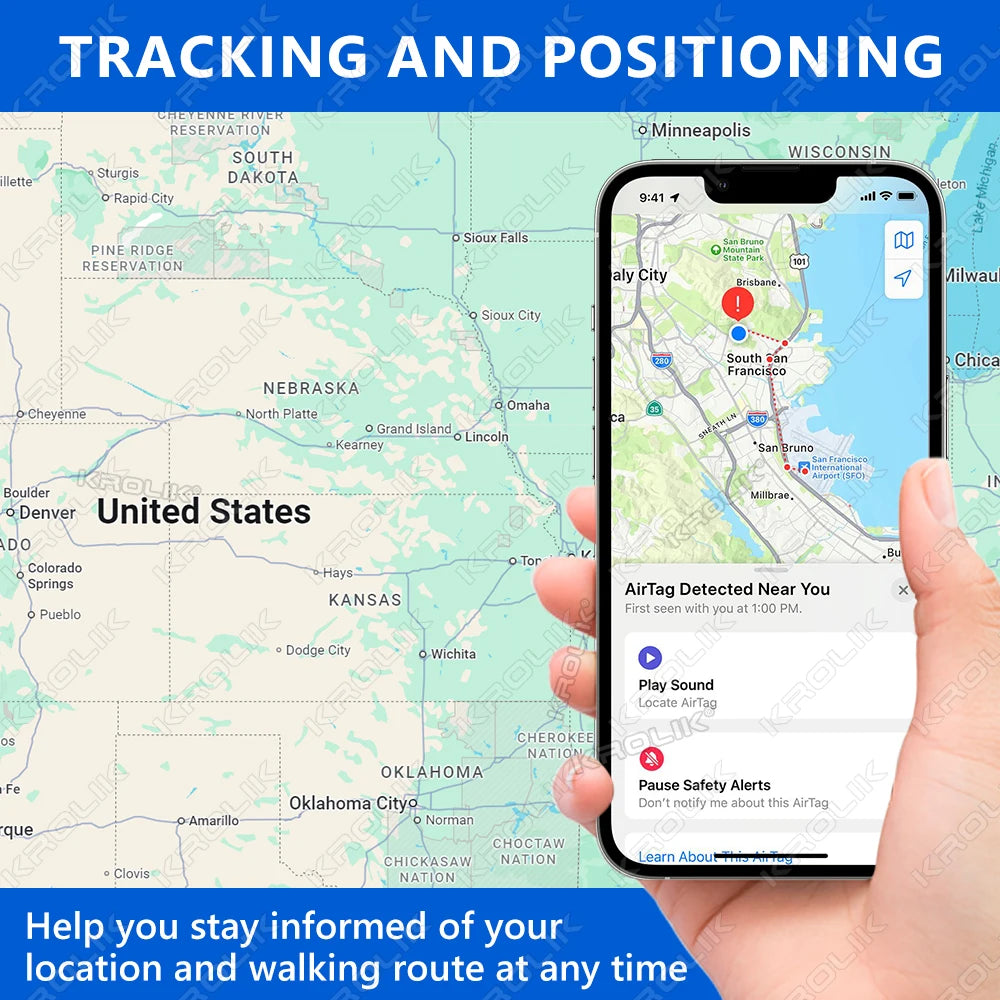 A hand holds a smartphone displaying a map with a tracked location, illustrating tracking and positioning technology.