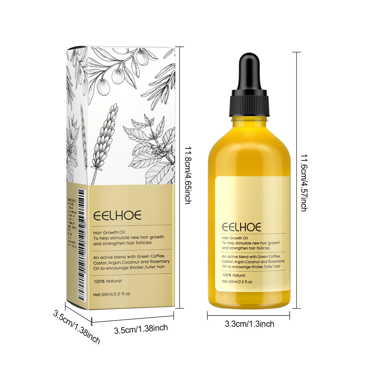 A bottle of EELHOE Rosemary Hair Growth Oil in a yellow glass bottle with a black dropper cap.