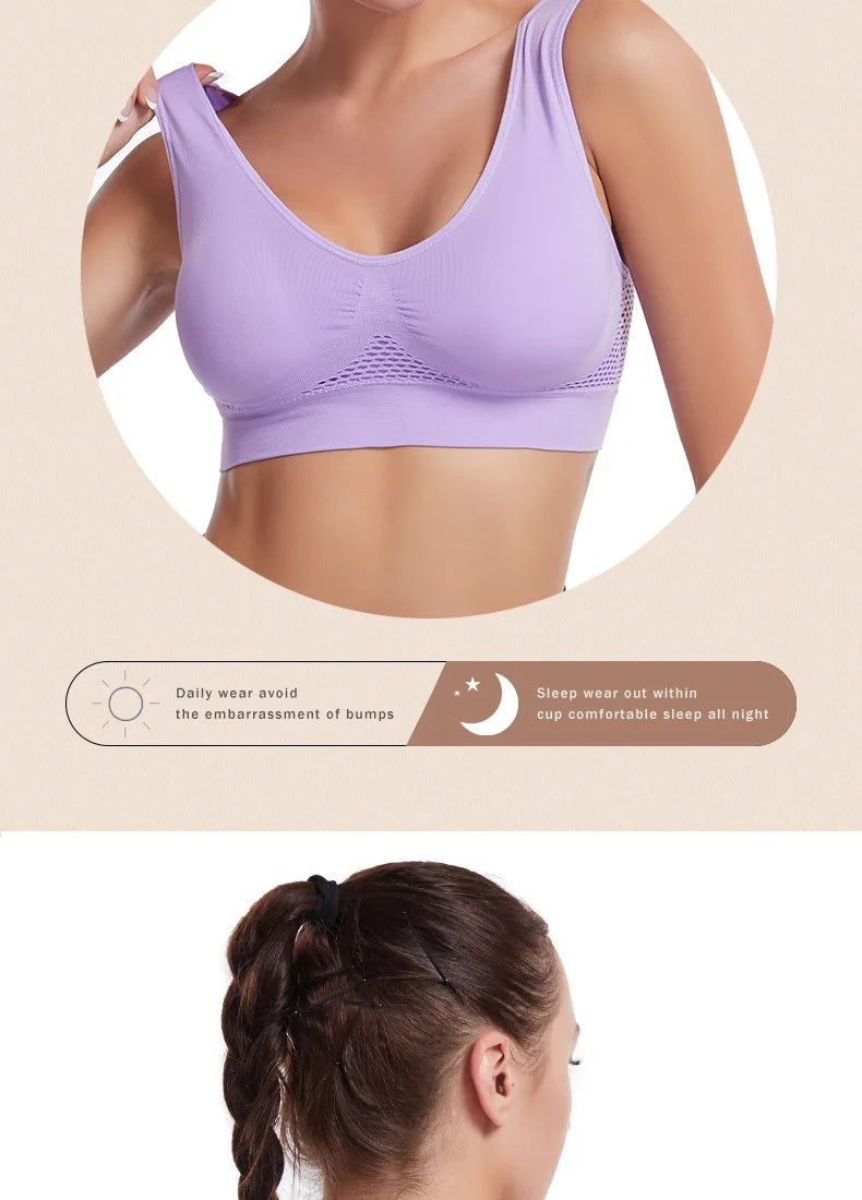 A purple breathable plus size sports bra is shown on a model, with text indicating daily wear and sleep comfort.