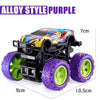An alloy style purple pull-back stunt SUV toy car with green wheels shown from the side.