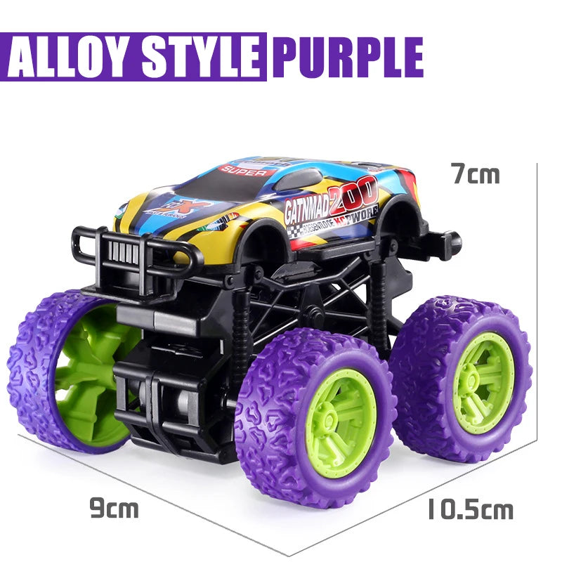 An alloy style purple pull-back stunt SUV toy car with green wheels shown from the side.
