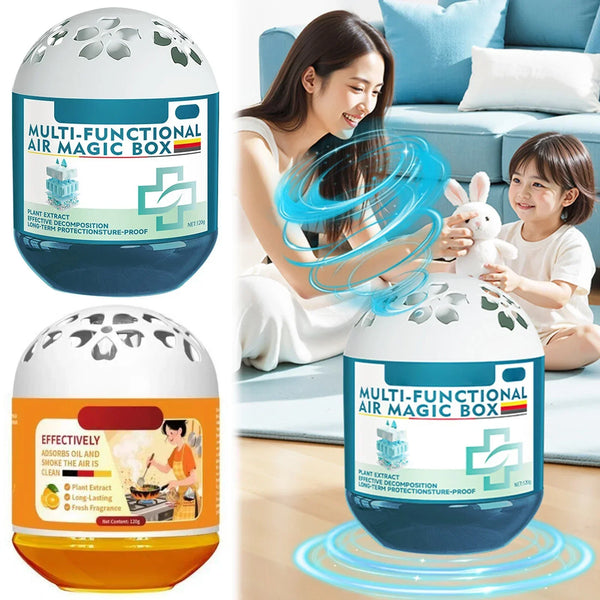 A multi-functional air magic box in blue and orange is shown with a woman and child, demonstrating its use for air purificati