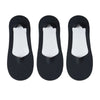 A pack of five black men's no-show socks with silicone grip shown from the top view.