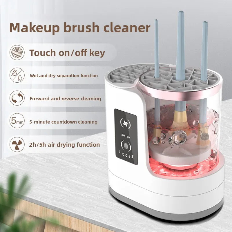 A white electric makeup brush cleaner device with multiple brush holders and a base, shown next to features list.