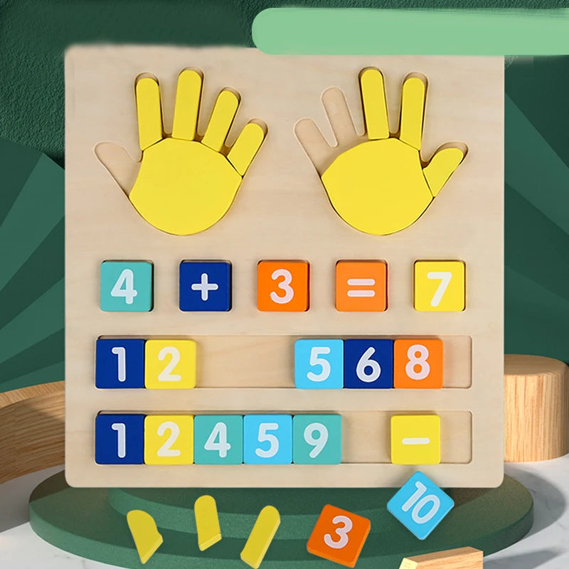 A wooden finger counting number learning toy showing hands and number blocks for educational play.