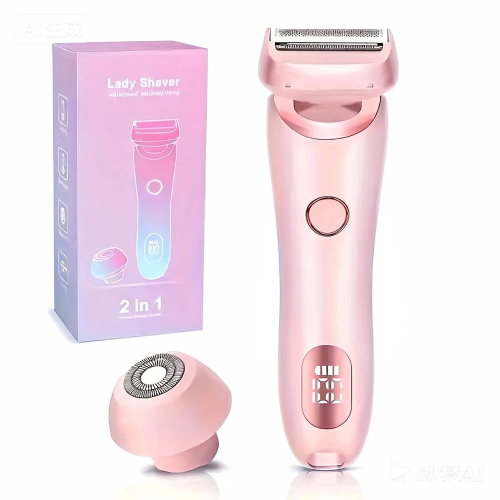 A pink ladies shaver set including a main device and a separate trimming head, shown next to its packaging box.